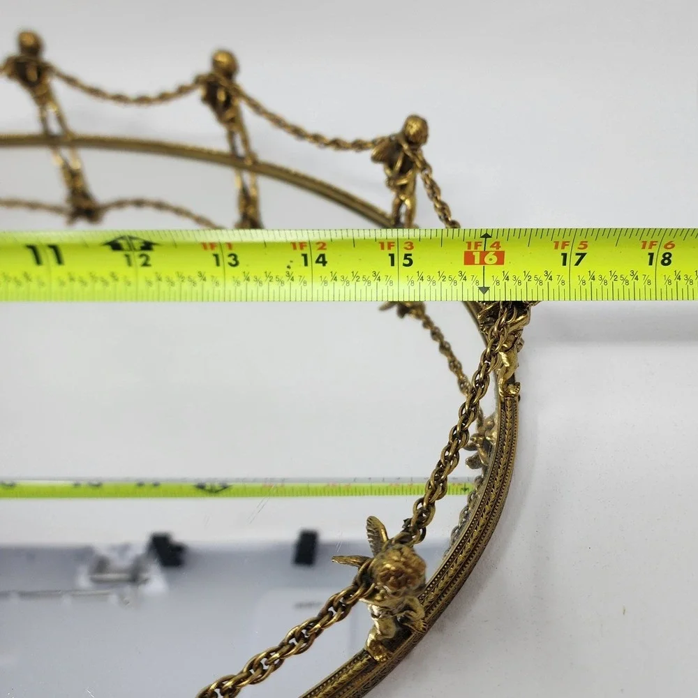 Vtg Globe 24K Gold Plated 12-Cherub Mirrored Vanity Tray Oval Ornate Putti Chain